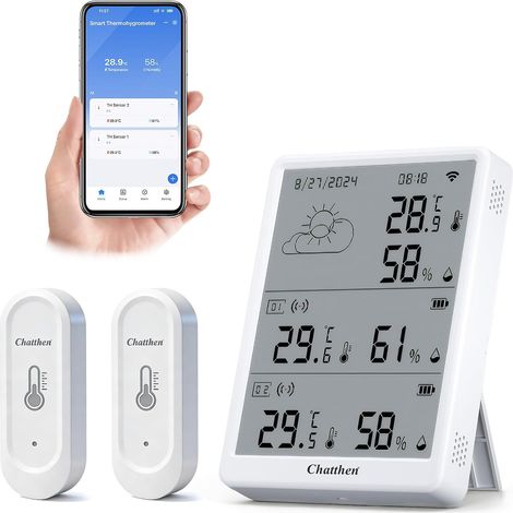 Thermomètre Connecté, WiFi Hygrometre Interieur Thermomètre Extérieur, Portée de 100m, Exportation de Données et étalonnage, 2 Capteurs et 1 Station de Base (1/5)
