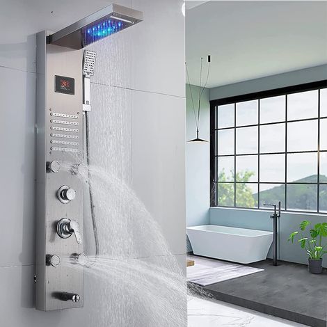 Duschsäule Duschpaneel Regendusche Duschsystem Edelstahl Handbrause Duscharmatur, mit 60 ABS-Düsen, 90° Kopfbrause, LED