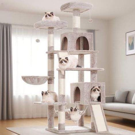 Arbre à Chat, Tour de Jeux pour Chats de 180cm, Tour à Chat Interieur avec 2 griffoirs, 7 poteaux à griffer, 2 perchoirs, 2 Lits pour Chat en Peluche, hamac, Marron Beige GCT032MU (1/5)
