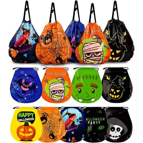 Packung mit 27 Halloween-Süßigkeitentüten (9 verschiedene Designs), Plastikgeschenktüten mit Kordelzug, für Kinder und Halloween-Partys. (1/5)
