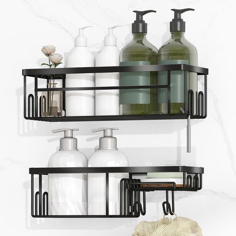 2 pièces Étagère de douche sans percement avec grande capacité, étagère de salle de bains avec savon et crochets, acier inoxydable (1/5)
