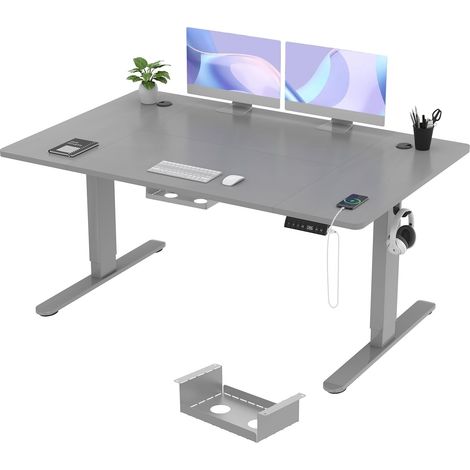 Bureau assis debout 140 x 80 cm, hauteur réglable 72-118 cm, 3 mémoires, gris (1/5)