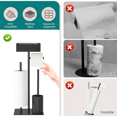 Noir Porte-Papier Toilette Debout en Acier Inoxydable avec Brosse WC (1/4)