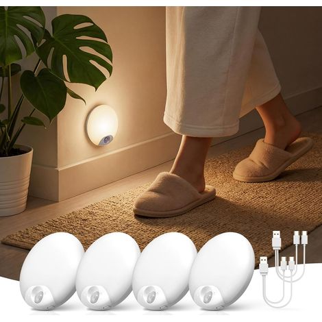 Veilleuse Detecteur de Mouvement & Capteur de Crépuscule Batterie, Lot de 4 Lampe Rechargeable USB Blanc Chaud/Naturel/Froid Lumiere Réglable Interieur pour Armoire, Escalier, Placard, Couloir, Chamb (1/5)