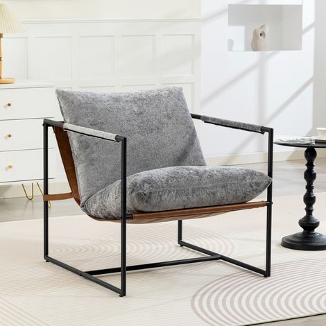 Lounge-Sessel, gepolsterter Beistellsessel aus bedrucktem Samt, breite Sitzfläche und Stahlgestell, 77 x 91 x 80 cm, grau