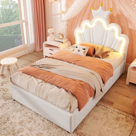 Lit enfant rembourré 90 x 200 cm - lit coffre - avec bande lumineuse LED - tête de lit réglable - blanc (matelas non inclus) (1/5)