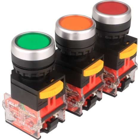 3pcs 22mm 10A 12V-24V-48V-110V-230V-380V 1NO 1NC DPST Latching Switch - Push Button Switch LA38-11BN (Red/Yellow/Green)