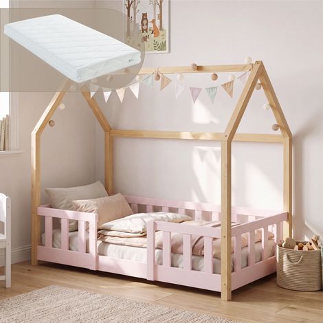 Hausbett Sisimiut im Montessori-Stil mit Matratze und Rausfallschutz 70x140 cm Rosa/Natur  [en.casa] (1/5)