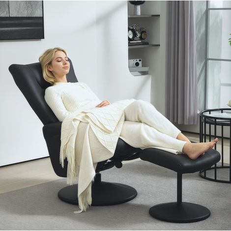 Sillón relax giratorio 360° de polipiel negra con reposapiés, reclinable, 70 x 79 x 105 cm (1/5)