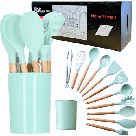 Juego de accesorios de cocina, utensilios de cocina de 12 piezas, juego de bambú de silicona mate. (1/5)