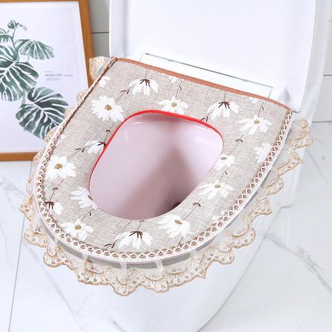 Housse de lunette WC imperméable 1 pièce, dentelle kaki, siège universel avec fermeture éclair, coussin chauffant réutilisable, patch sans adhésif pour toilettes standard (1/5)
