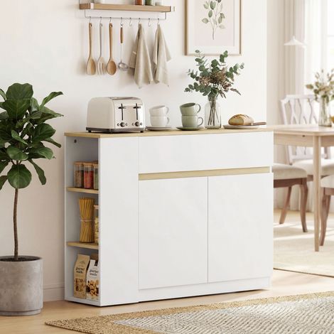 Buffet de cuisine avec 2 portes, un tiroir et 3 étagères ouvertes pour salon/salle à manger, 110 x 29,5 x 82 cm, blanc