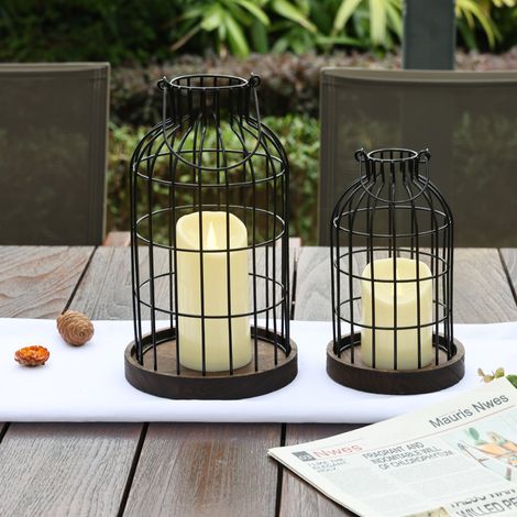 Juego de 2 campanas de metal, portavelas decorativos, faroles de jaula para mesa y decoración rústica. (1/5)