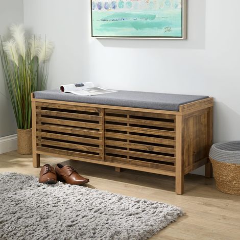 Luna Shoe Bench Storage Cabinet With Cushion Padded Seat Two Sliding Doors