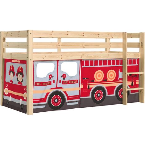 SLEEPY - Lit Mi-Haut en Pin Naturel 90x200cm Housse Pompiers