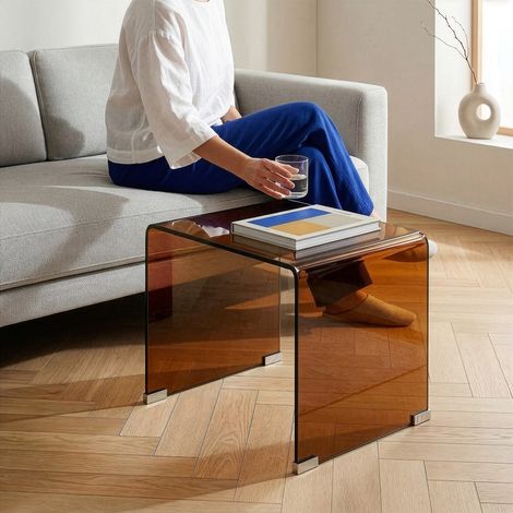 Mesa auxiliar Varlofrek cuadrada vidrio templado 50x50x50 cm Marrón [en.casa] (1/5)