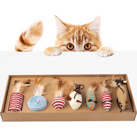 Lot de 7 jouets pour chat avec baguette et souris en toile de jute, coffret complet (1/5)