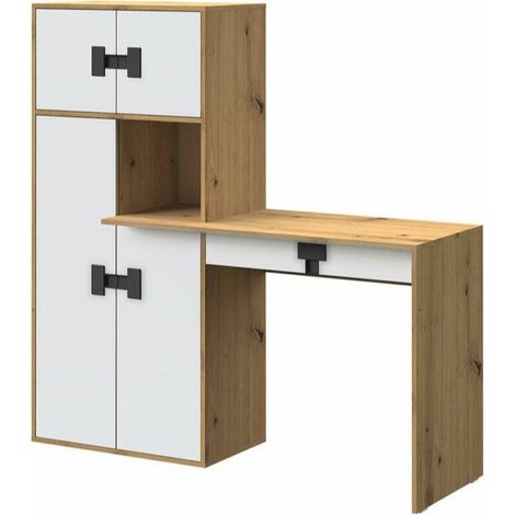 Mesa de oficina Florevi 101, Mate blanco + Roble Artisan, Con cajones, Con puertas, Número de puertas: 4, Número de cajones: 1, 82x151x50cm