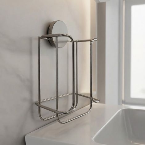 Porte-essuie-tout mural en acier inoxydable argenté, support de rangement sans perçage, égouttoir et porte-gobelet pour salle de bain, cuisine et espace lavabo (1/5)