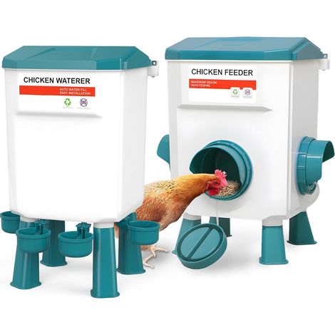 Mangeoire Poules Anti-Nuisibles 12 kg et Abreuvoir Automatique 11 L, Ensemble Anti-Gaspillage avec Capots Anti-Pluie, Pieds Réglables et Crochets, pour Poussins et Poules Adultes (1/5)