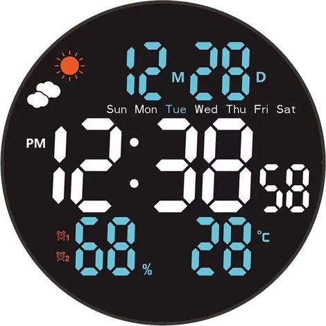Grand Modèle d'Horloge Murale Numérique 20cm - Écran RVB avec Télécommande - Affichage Automatique Luminosité/Température - Alarme Programmable - Idéal Salon ou Chambre (1/5)
