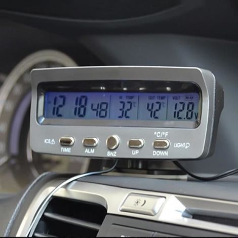 1 pièce Horloge voiture multifonction, voltmètre et thermomètre int/ext, affichage LCD rétro-éclairé, pour conducteur et véhicule (1/4)