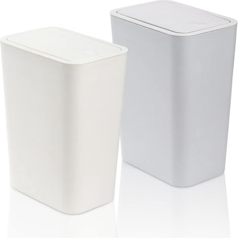 Cubos de basura de plástico de 7,5 litros con tapa a presión, paquete de 2, ideal para cocina, baño, salón, oficina y espacios estrechos (blanco y azul) (1/5)