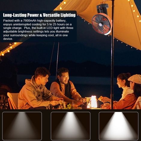 Ventilateur de camping 2-en-1 – LED, trépied rechargeable, 4 vitesses – Tente, plafond – Maison, bureau, camping, pique-nique, pêche (1/5)