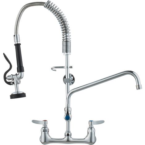 Kommerzieller Wasserhahn mit Vorspülbrause, 63 cm Höhe, 305 mm Schwenkauslauf, Wandmontage Küchenspülenhahn, Messingkonstruktion mit Ausziehbarer Brause, für 1/2/3-Fach-Spüle (1/5)