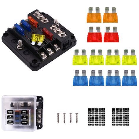 6 Voies Boîte à Fusibles, Porte Fusible avec Bus Négatif, Blocs Fusible Lame avec 16 Fusibles 6 Voyants LED Couvercle de Protection pour 12V/32V Voiture Automobile Bateau Marine Camion SUV
