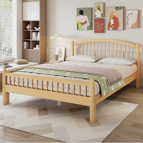 Letto matrimoniale 140x200 cm in legno con rete a doghe, testiera e pediera con barre, naturale (1/5)