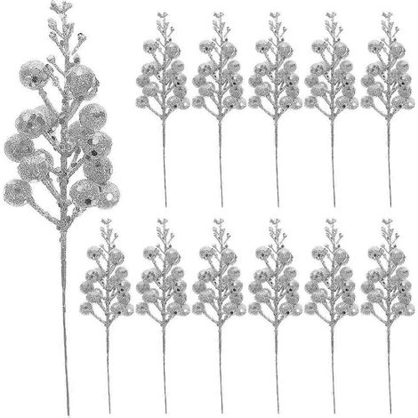 12 tiges de baies pailletées pour Noël, fausses décorations de Noël, bâtonnets pailletés, cadeaux de fête de Noël-19X5X5CM-Silver (1/3)
