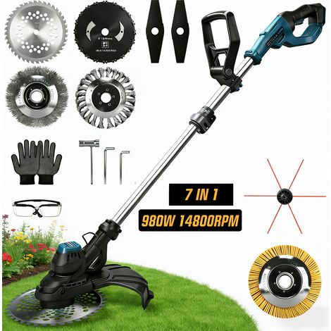 980W Debroussailleuse Electrique Sans Fil 14800 RPM 7 IN 1 Réglable à 100-140cm, Coupe-Bordures Brushless avec 7 Types de Lames Ø300 mm Max, pour Jardin, Pelouse, Compat. Makita 18V(Sans batt.)