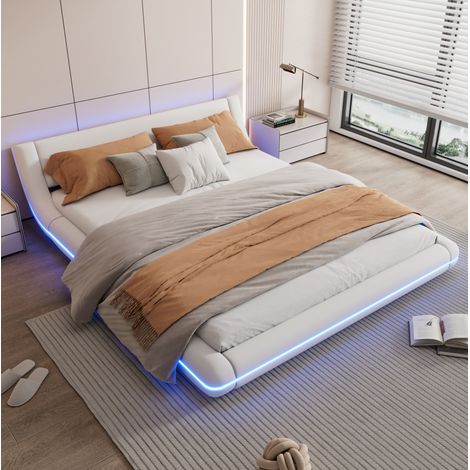 Lit au sol 160 x 200 cm blanc en PU avec LED d'ambiance réglable, design moderne et facile d'entretien (1/5)