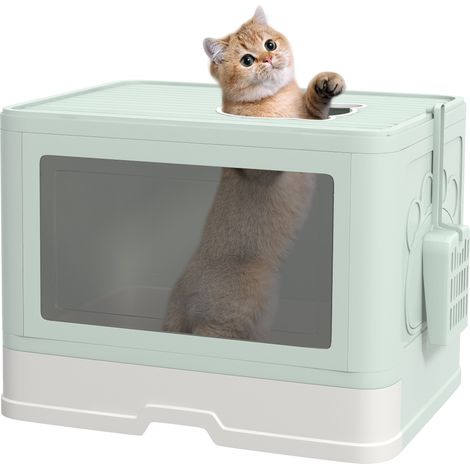 Litière chat fermée double entrée avant supérieure, tiroir rabattable pelle brosse inclus nettoyage facile, verte