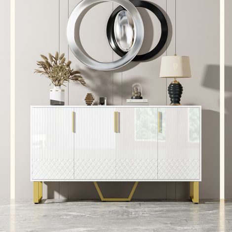 Buffet 140x40x80cm - 4 Portes Design Géométrique - Finition Laqué Haute Brillance - Pieds & Poignées Métal - Blanc (1/5)