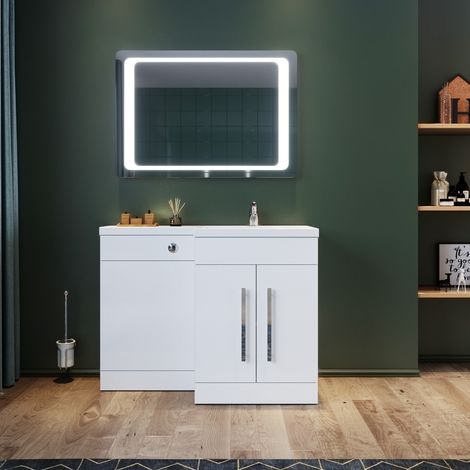 ELEGANT 1100 Bathroom Vanity Units with Basin L Shape Vanity Sink Units Right Hand + Vitreous Resin Basin + Concealed Cisterm, Ensuit Furniture Under Sink Cabinet High Gloss White (1/5)