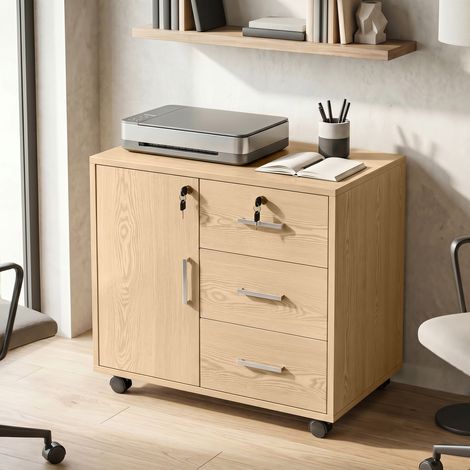 Caisson bureau verrouillable 3 tiroirs étagère réglable roulettes 40x60x56 cm marron clair. Rangement sécurisé et mobile pour un bureau bien organisé et fonctionnel. (1/5)