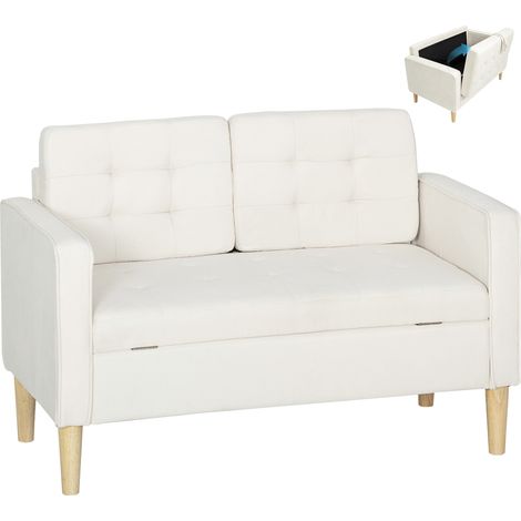 HOMCOM sofá de 2 plazas con espacio de almacenamiento, sofá moderno de terciopelo con patas de madera, respaldo capitoné, 117x62x78 cm, crema (1/5)