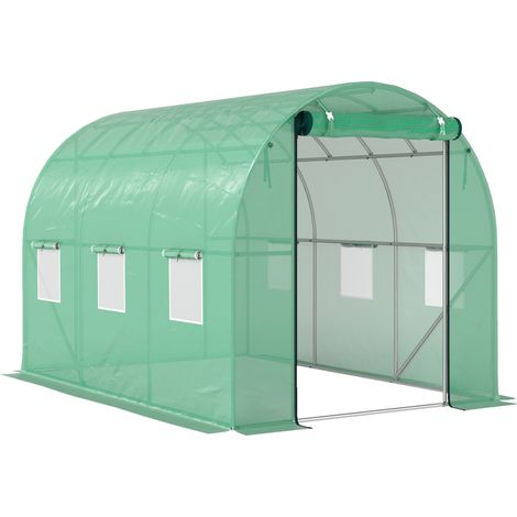 Serra a tunnel in plastica verde circa 3 x 2 x 2 m con 6 finestre e porta avvolgibile (1/5)