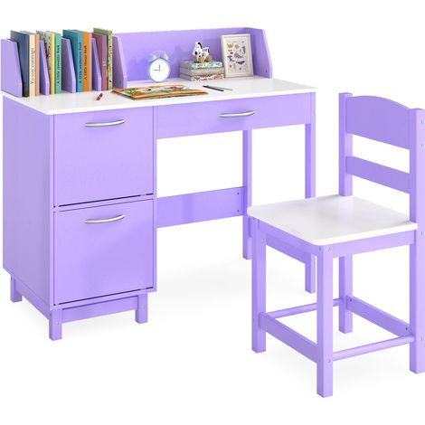 COSTWAY Kids Study Desk and Chair Set Wooden School Learning Table-Purple (1/5)