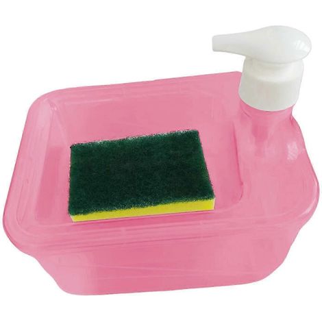Distributeur de savon et porte-éponge, flacon pompe, porte-éponges avec distributeur de savon manuel, distributeur de liquide vaisselle compact, pour la maison et le café-Pink (1/5)