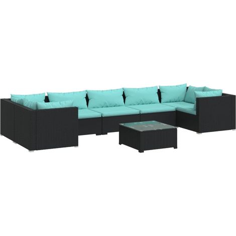 Set mobili da giardino set arredamento da esterno 8 pezzi con cuscini polyrattan nero 020017749