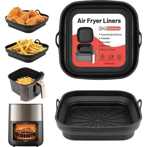 Air Fryer Silicone Mold, 2 Pack Reusable Foldable Square Silicone Mold for Air Fryer, Microwave, Oven (Black) (1/5)