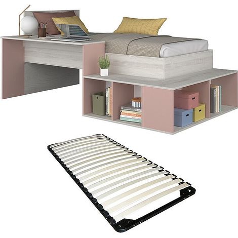 Letto combinato con vani portaoggetti e Scrivania 90 x 200 cm Naturale e Rosa + Reti a doghe - RIGALI