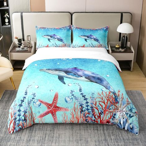Baleine Coton Sets de Housse de Couette Enfants Étoile de mer Parure de Lit 140x200cm Océan Thèmes Housse de Couette Sea Le Monde sous Marin Organismes Marins Parure Housse de Couette - 140 x 200 cm + (1/5)