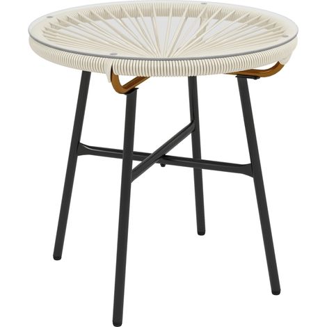 Table basse ronde de jardin en résine aspect rotin métal et plateau verre trempé Ø 50 x 50 cm crème (1/5)