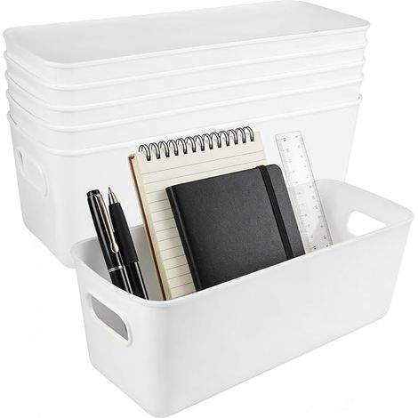 Plastic Storage Boxes, 26.5 x 10 x 10 cm Small Basket, Bin with Handles, Rectangular, Stackable for Kitchen, Closet, Office, Bathroom (White) (1/5)