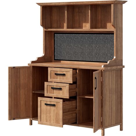 CAIziArmoire jardin bois sapin massif, 3 tiroirs, étagères réglables, panneau (1/5)