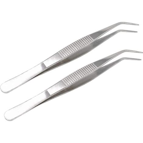 Lot 2 Paires Pinces Inox 12cm Pointe Dentée Incurvée, pro industriel/labo/jardin/cuisine (1/5)